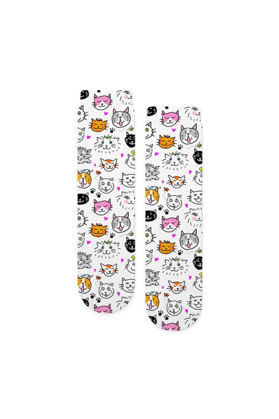 - Whimsical Cat Faces Pattern - Unisex Novelty Printed Crew Adult Socks