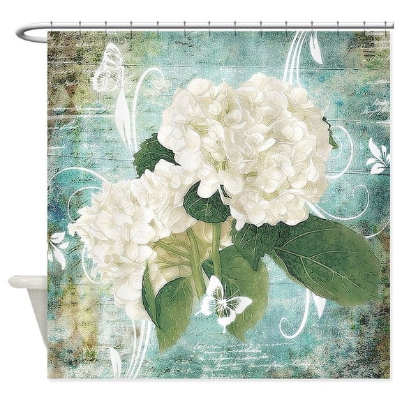 CafePress - White Hydrangea On Blue - Unique Fabric Shower Curtain 70" x 72"
