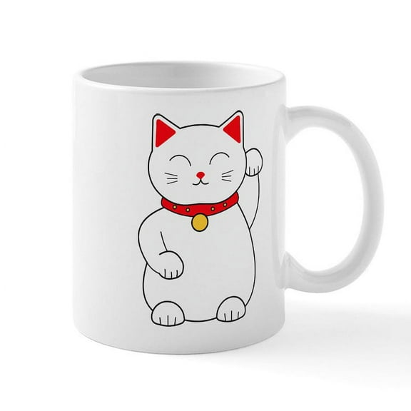 CafePress - White Lucky Cat Left Arm Raised Mug - 11 oz Ceramic Mug - Novelty Coffee Tea Cup