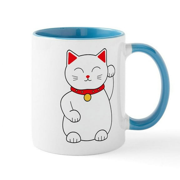 CafePress - White Lucky Cat Left Arm Raised Mug - 11 oz Ceramic Mug - Novelty Coffee Tea Cup