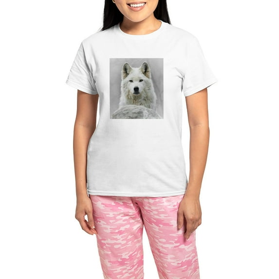CafePress - White Wolf Women's Light Pajamas - Women's Short Sleeve Print T-Shirt and Pants Light Cotton Pajama Set