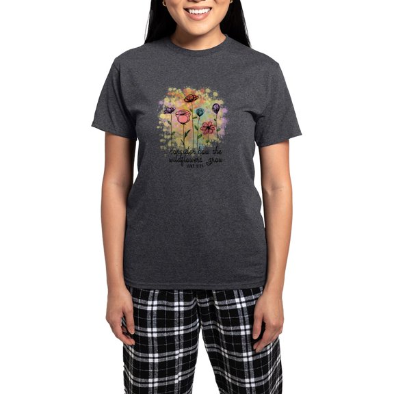 CafePress - Wildflowers - Women's Short Sleeve Print T-Shirt and Pants Charcoal Gray Cotton Pajama Set