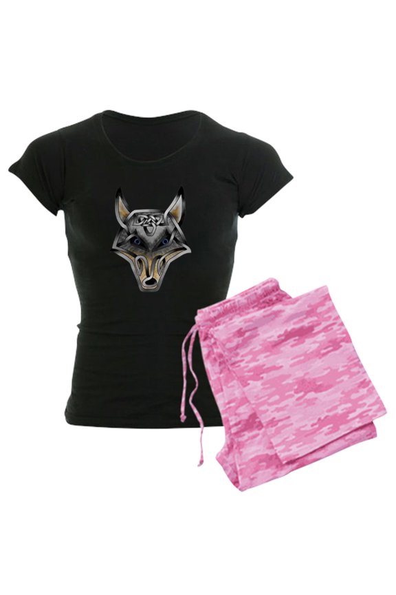 - Wolf Face Pajamas - Women's Short Sleeve Print T-Shirt and Pants Dark Cotton Pajama Set