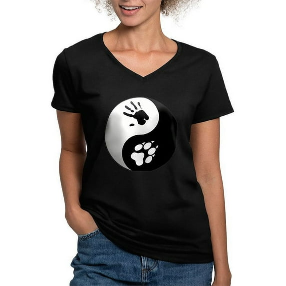 CafePress - Wolf Therian Ying Yang Women's V Neck Dark T Shirt - Women's V-Neck Dark T-Shirt