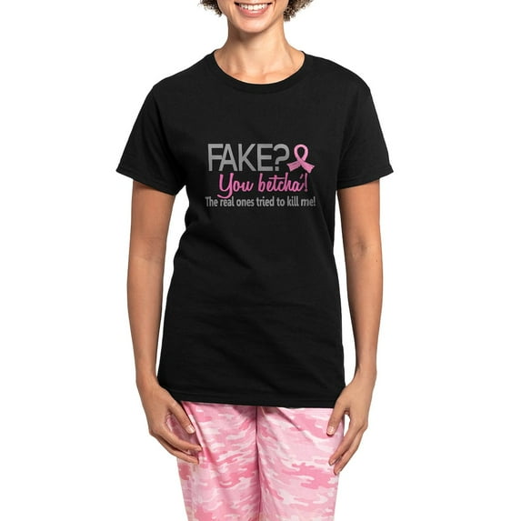 CafePress - Yes They're Fake Breast Cancer Women's Dark Pajama - Women's Short Sleeve Print T-Shirt and Pants Dark Cotton Pajama Set