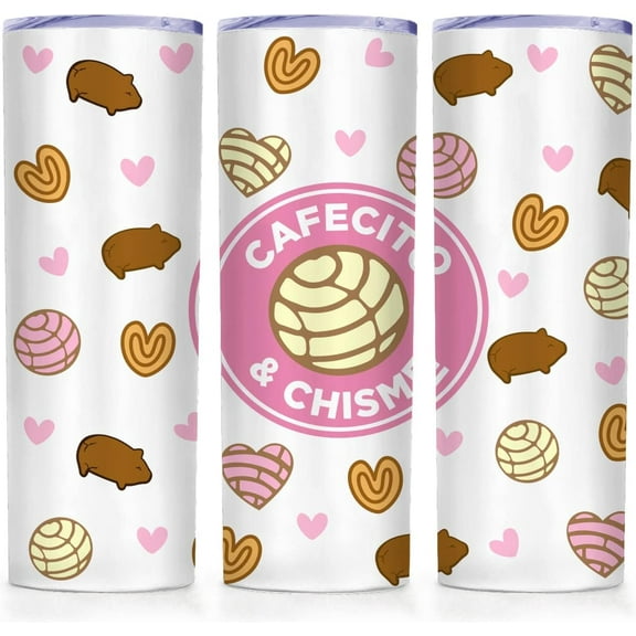 Cafecito & Chisme Cup 20 Oz with Lid,Double Wall Skinny Tumblers,Reusable Stainless Steel Mug Funny Cute Pattern Coffee Mexican Tumbler,Valentine''s Day,Gift for Women,Heart Pig Figure