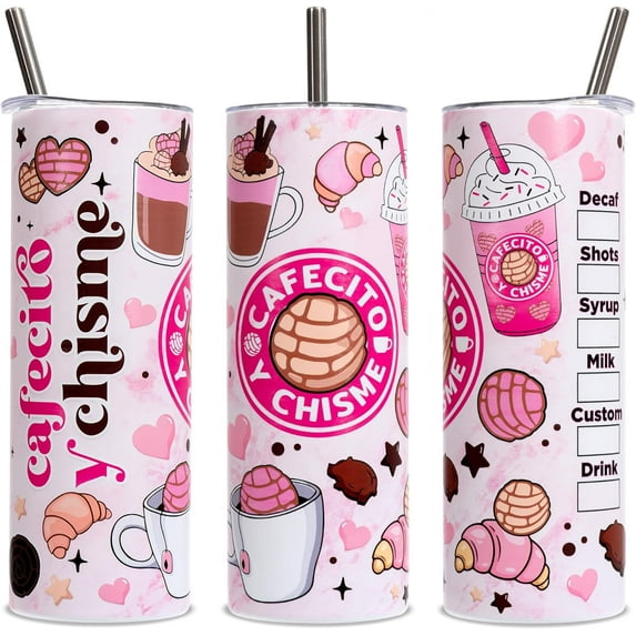 Cafecito Y Chisme Tumbler Gift, 20oz Cute Pattern Stainless Steel Tumbler with Lid and Straw, Mexican Coffee Mug Gift for Women Mom Daughter Coworker Friends
