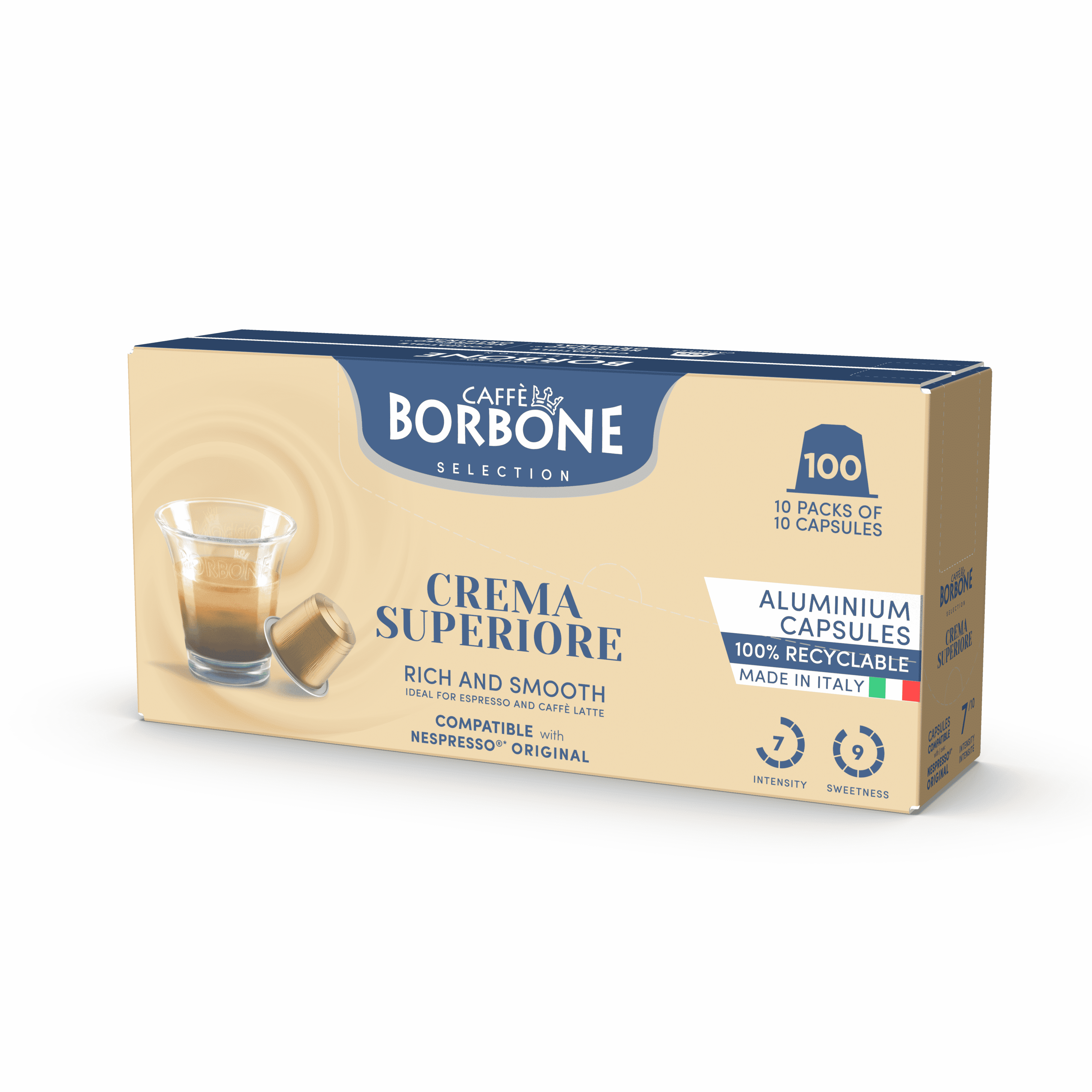 Caffè Borbone Crema Superiore, Medium Roast Nespresso Compatible Aluminum Coffee Pods - 100 Count (10 packs of 10)