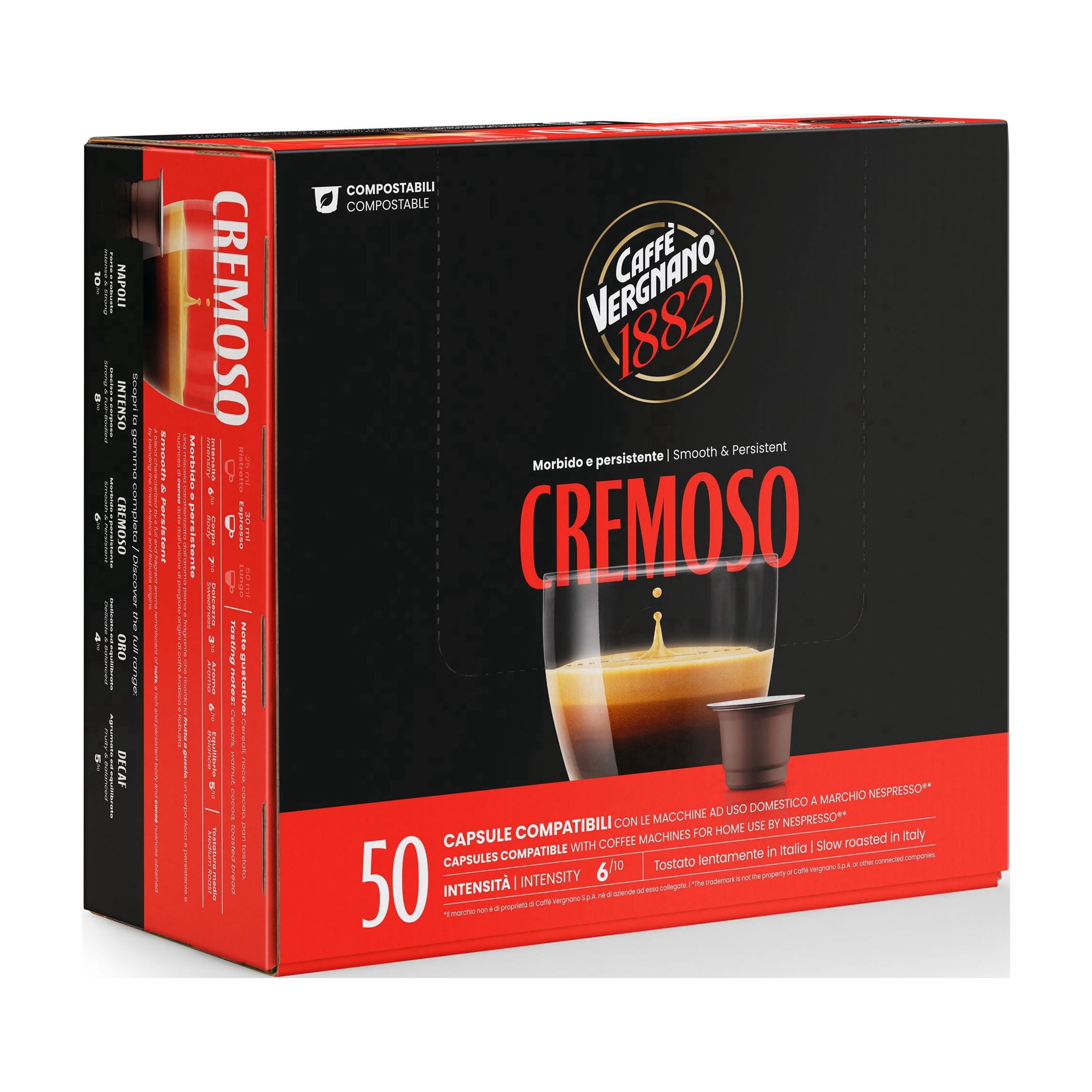 Caffe' Vergnano 1882 Medium Roast Espresso Original Line Machine Compatible Capsules, Arabica Robusta Espresso Coffee, Italian Coffee For Nespresso Coffee Machines, Intensity 6/10, Cremoso, 50 Ct