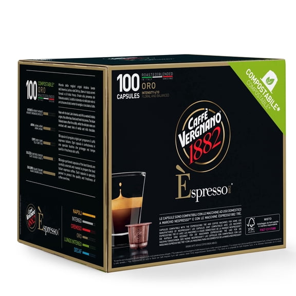 Caffe' Vergnano 1882 Medium Roast Espresso Original Line Machine Compatible Capsules, Arabica Robusta Espresso Coffee, Italian Coffee For Nespresso Coffee Machines, Intensity 4/10, Oro, 100 Ct