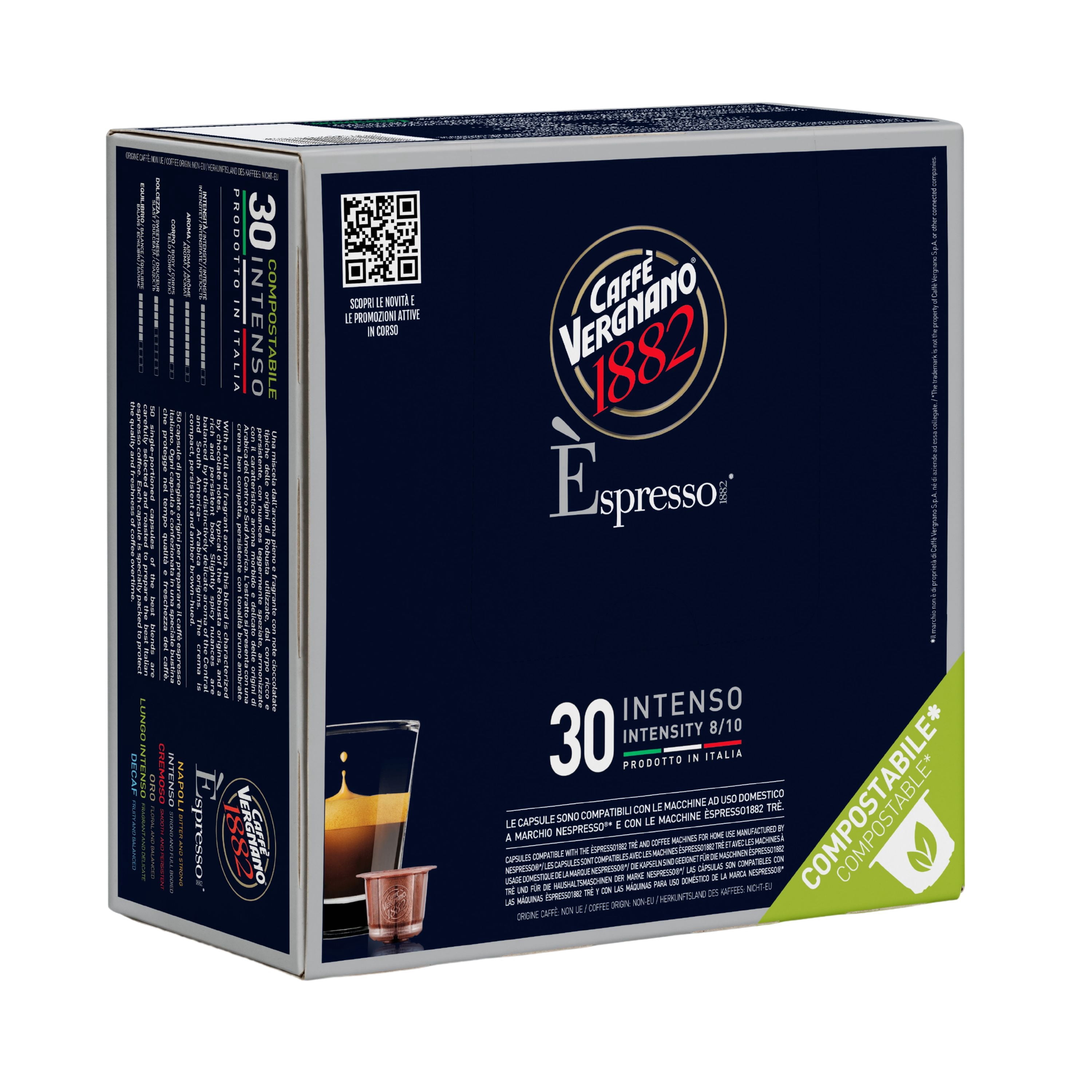 Caffe' Vergnano 1882 Medium Roast Espresso Original Line Machine Compatible Capsules, Arabica Robusta Espresso Coffee, Italian Coffee For Nespresso Coffee Machines, Intensity 8/10, Intenso, 30 Ct