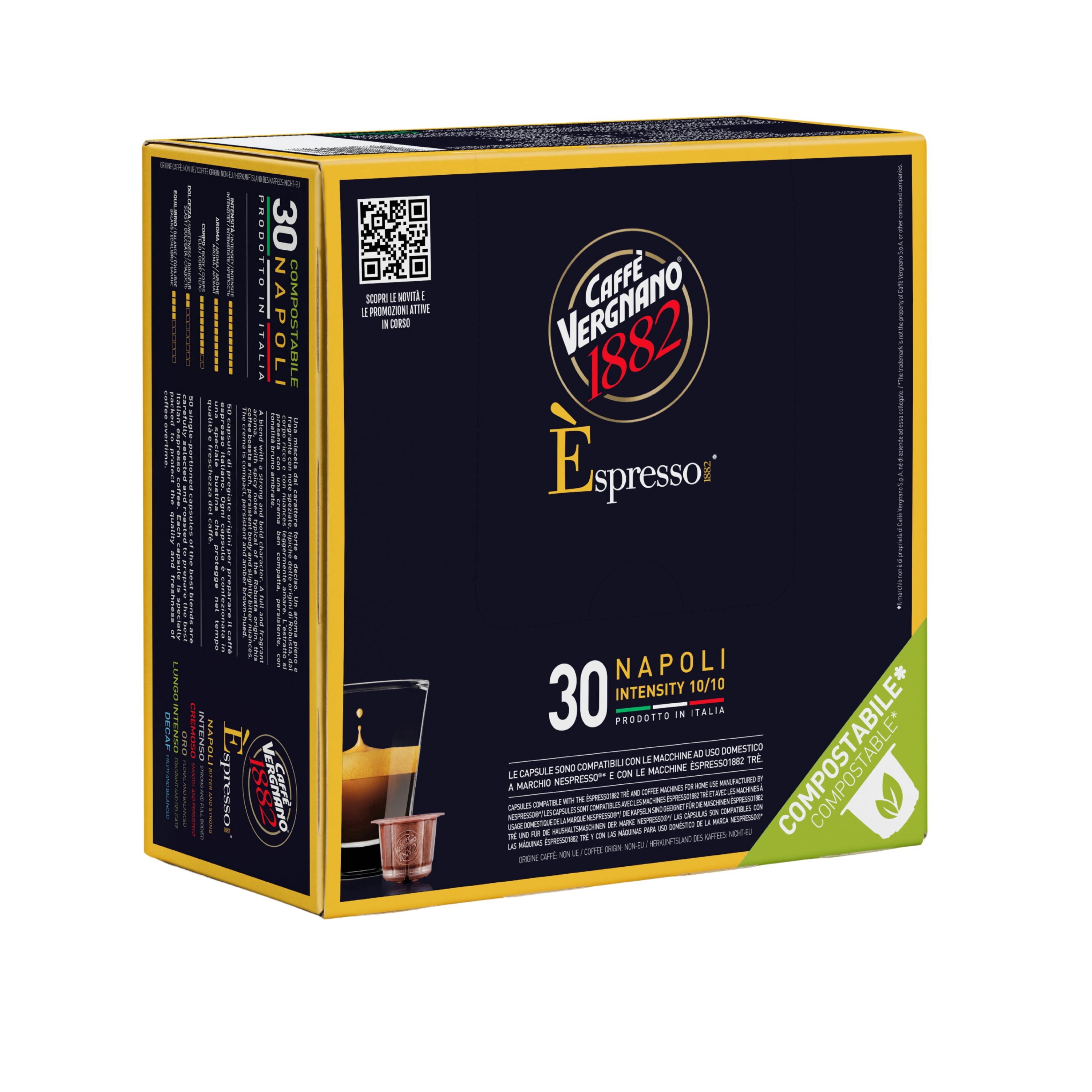 Caffe Vergnano 1882 Medium Roast Espresso Original Line Machine Compatible Capsules, Single-Serve Arabica Robusta Espresso Coffee, Italian Coffee for Nespresso Machines, Intensity 10/10, Napoli,30 Ct