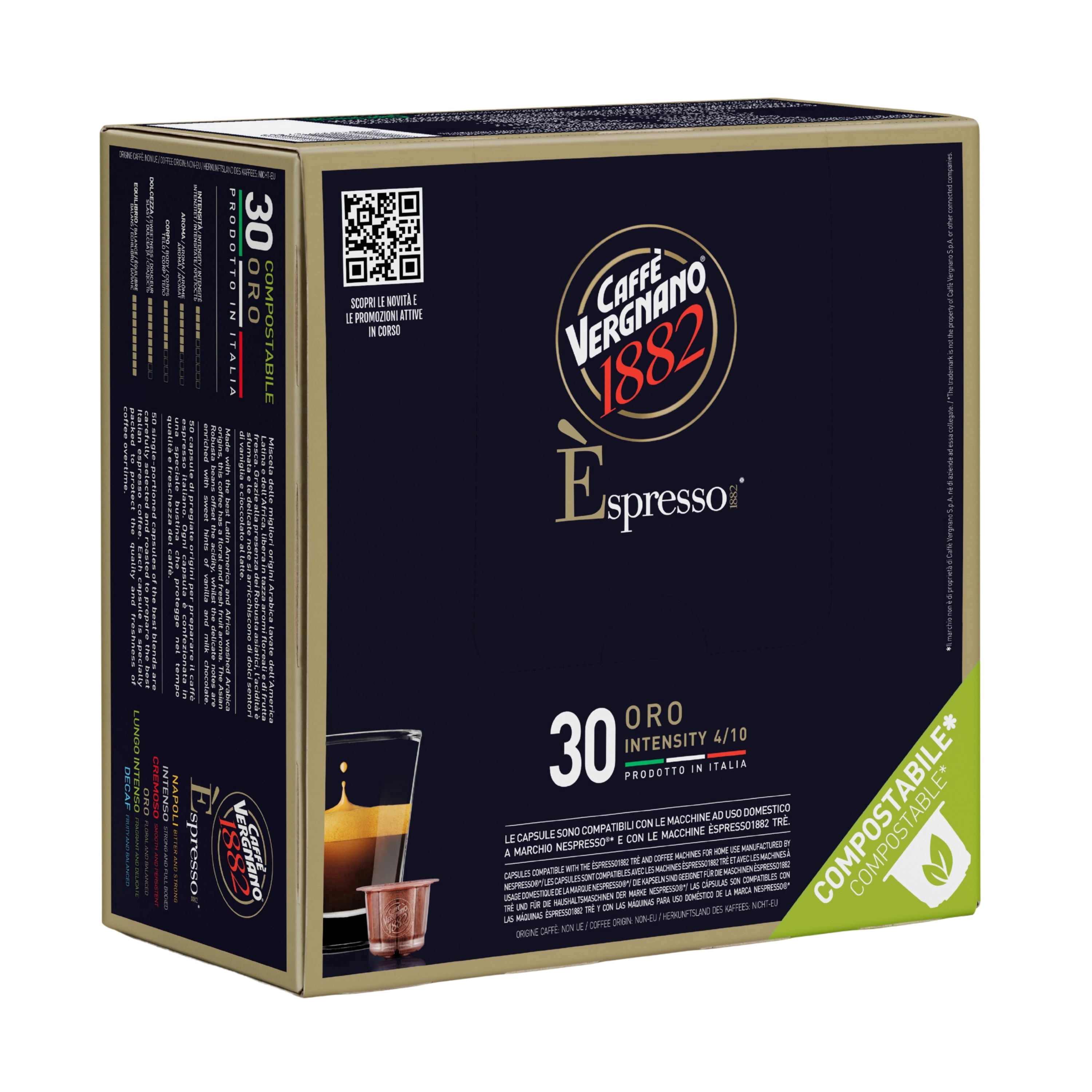 Caffe Vergnano 1882 Medium Roast Espresso Original Line Machine Compatible Capsules, Single-Serve Arabica Robusta Espresso, Italian Coffee For Nespresso Coffee Machines, Intensity 4/10, Oro, 30 Ct