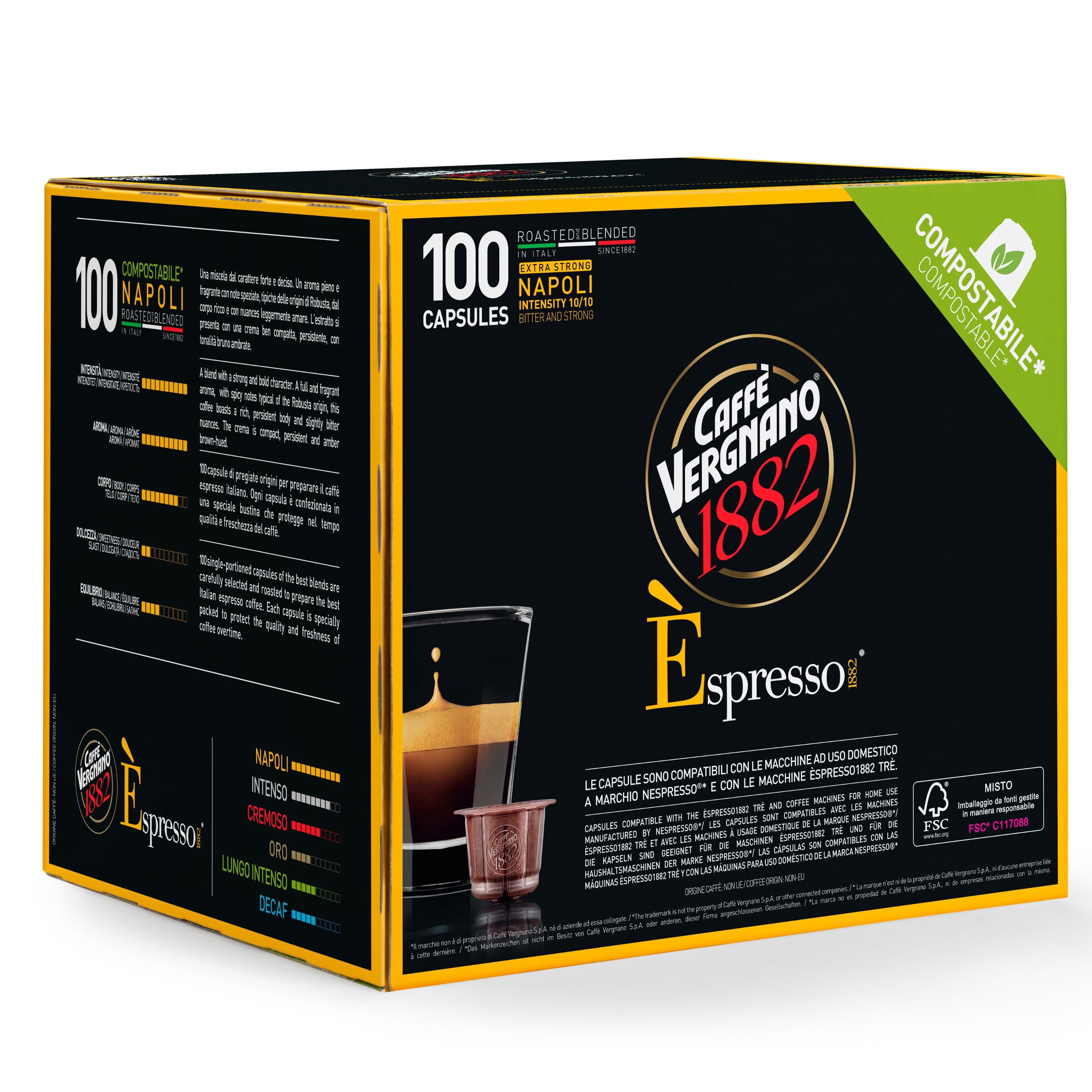 Caffe' Vergnano 1882 Medium Roast Espresso Original Line Machine Compatible Capsules, Single-Serve Espresso Coffee, Italian Coffee for Nespresso Machine, Intensity 10/10, Napoli, 100 Ct