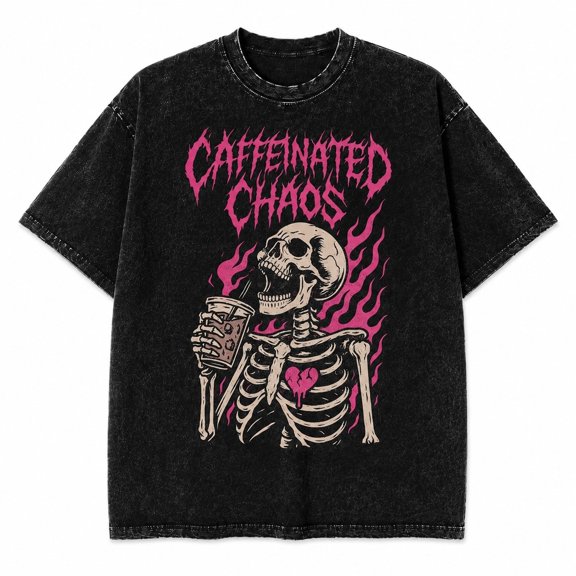 Caffeinated Chaos Skeleton Coffee Graphic Washed T-Shirt ā Unisex Gothic Humor Tee