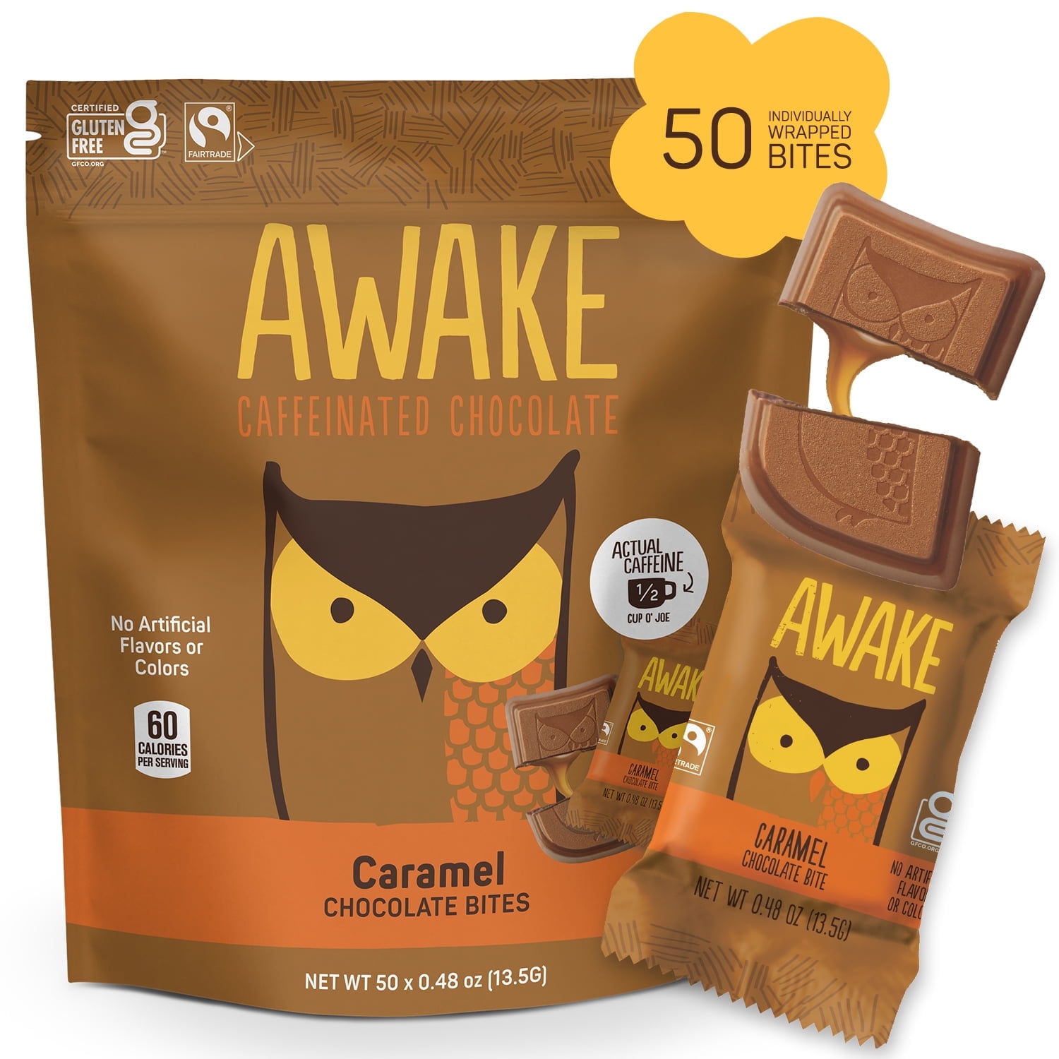 AWAKE - Caffeinated Chocolate Bites - Coffee Alternative - Low Calorie Snacks - Bite Size Energy Bars - 50mg of Caffeine in Each Bite - Non GMO - Gluten Free - Caramel Chocolate - 50 Bites