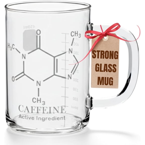 Caffeine Beaker Mug - Clear Caffeine Molecule Coffee Mugs With Handle - Glass Measuring Cup Novelty Chemistry Science Teacher Gifts For Adults Women Men - Funny Drinking Glasses