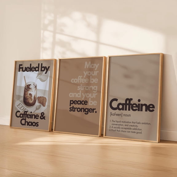 Caffeine Chaos Coffee Wall Art Neutral Kitchen Original Illustrated Coffee Trio Set 3 Stretched Canvas 8x12