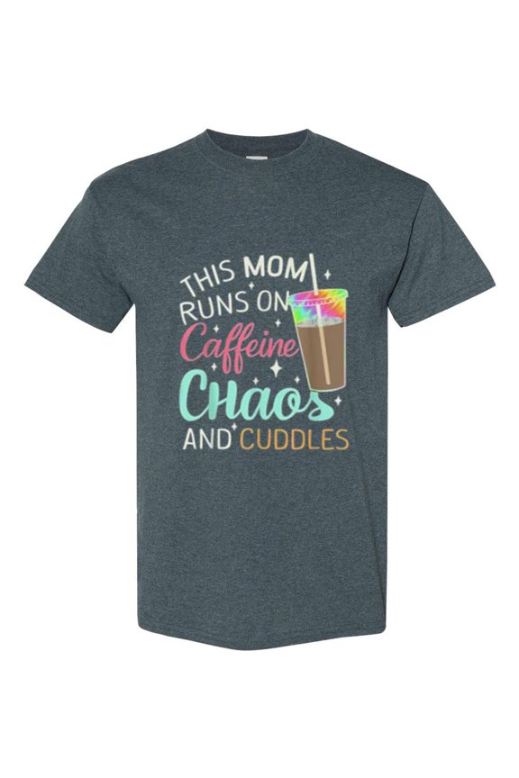 Caffeine Chaos Cuddles Mom Life Colorful Bold Statement T-Shirt, for men & women, up to size 5XL