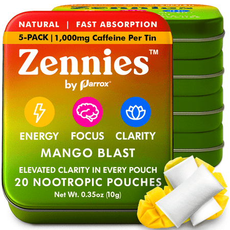 Caffeine Nootropic Pouches with Caffeine, Alpha GPC, L-Tyrosine & L-Theanine - Nicotine Free, No Sugar or Artificial Sweeteners Nootropic Energy Pouches - Mango Blast (5 Pack)