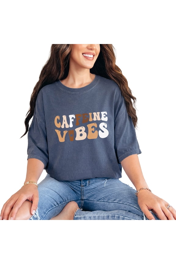 Caffeine Vibes, Coffee Drinker Themed, Groovy Retro Wavy Text, Denim Comfort Colors T-Shirt, Large