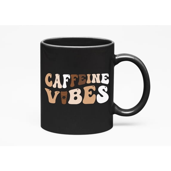 Caffeine Vibes, Coffee Drinker Themed, Groovy Retro Wavy Text Merch Gift, Black 11oz Ceramic Mug