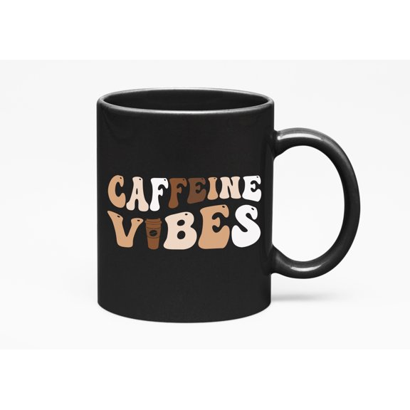Caffeine Vibes, Coffee Drinker Themed, Groovy Retro Wavy Text Merch Gift, Black 11oz Ceramic Mug