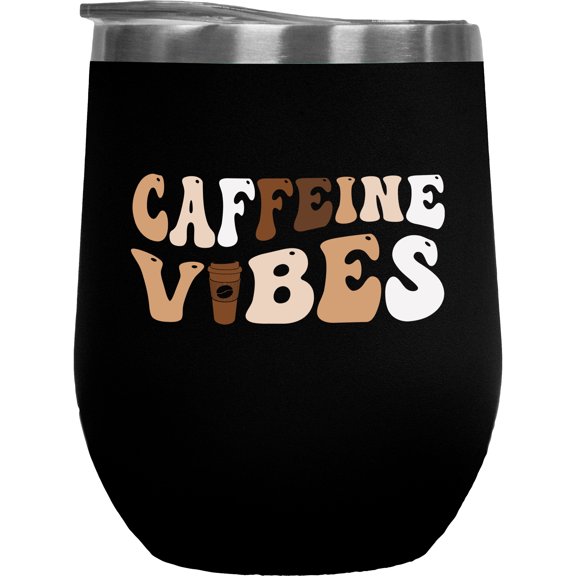 Caffeine Vibes, Coffee Drinker Themed, Groovy Retro Wavy Text Merch Gift, Black 12oz Wine Tumbler