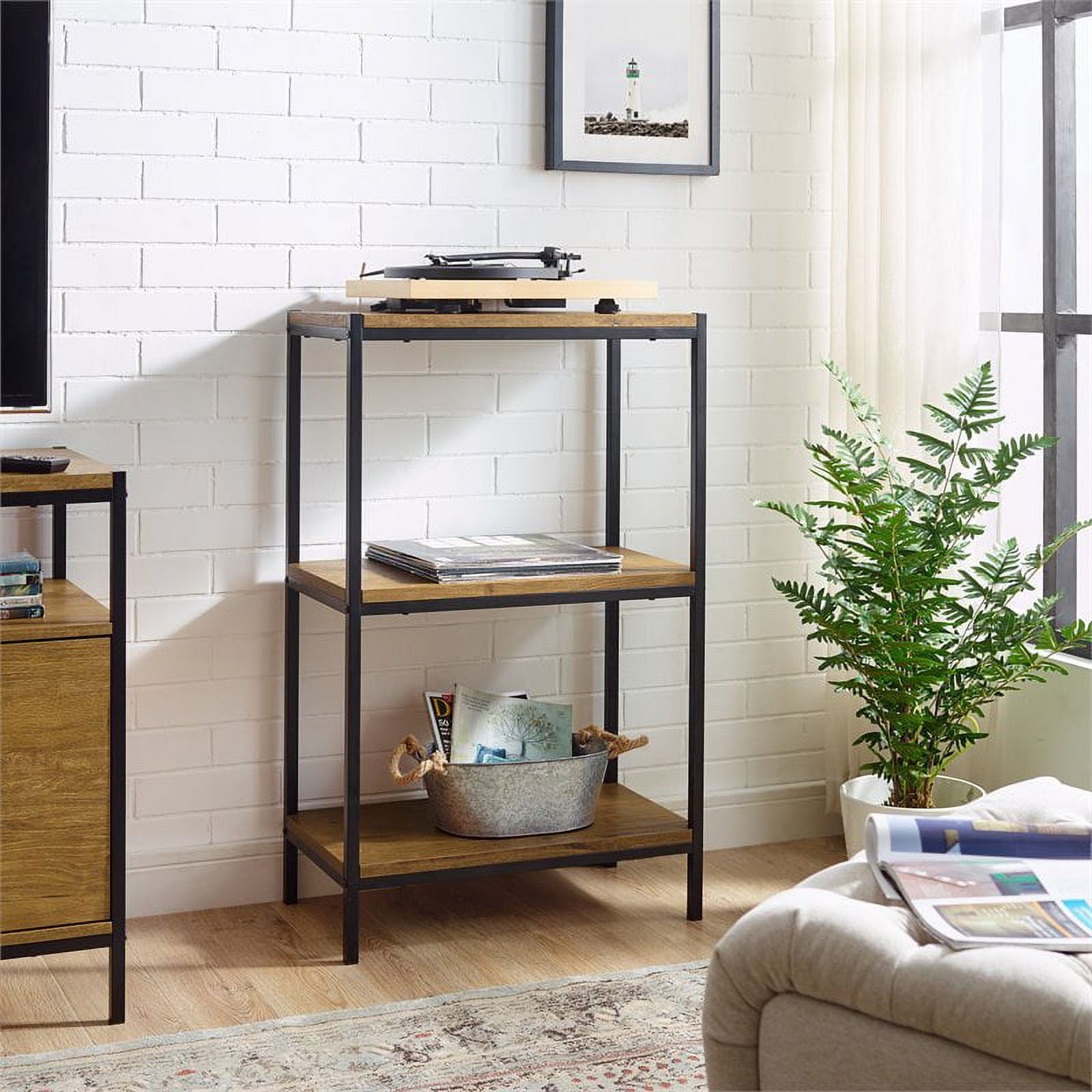 Caffoz 3-Tier Brown Wood and Metal Bookshelf