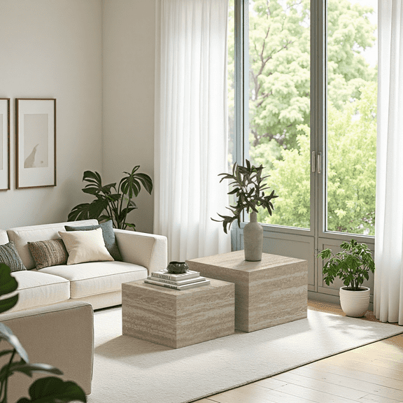 Caffoz Square Faux Marble Coffee Table Set of 2, Nesting Design, Pre-Assembled Living Room Accent Tables,Travertine