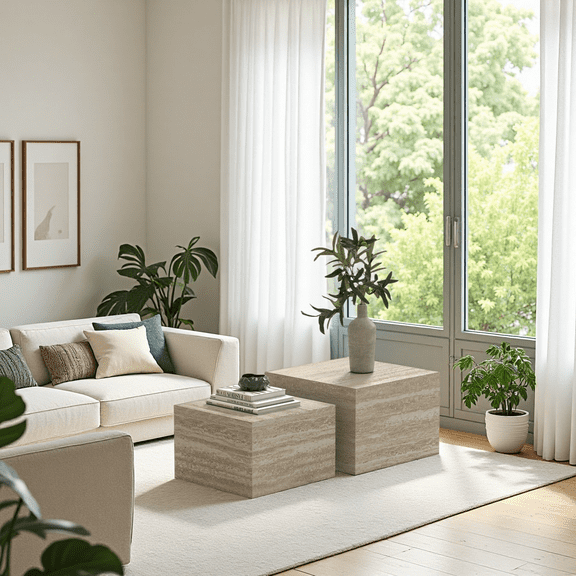 Caffoz Square Faux Marble Coffee Table Set of 2, Nesting Design, Pre-Assembled Living Room Accent Tables,Travertine