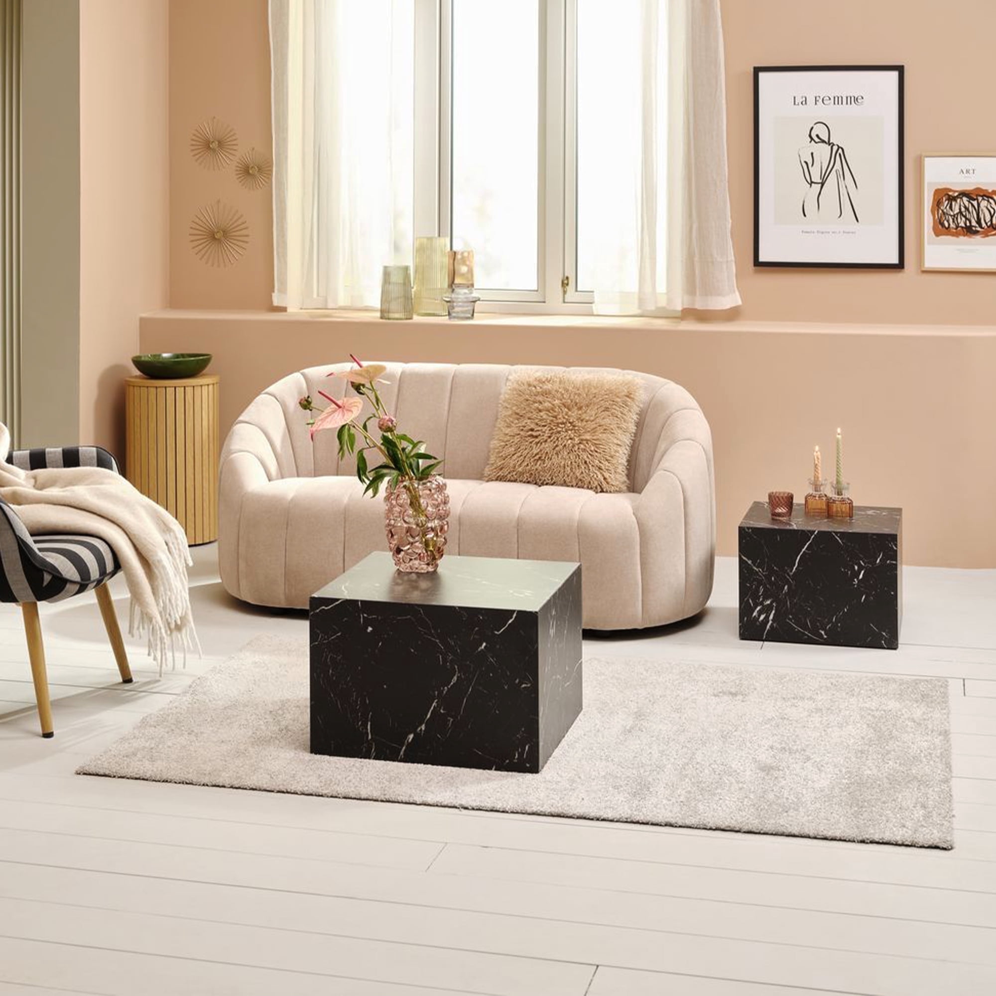 Caffoz Square Faux Marble Coffee Table Set of 2, Nesting Design, Pre-Assembled Living Room Accent Tables,Marble Black