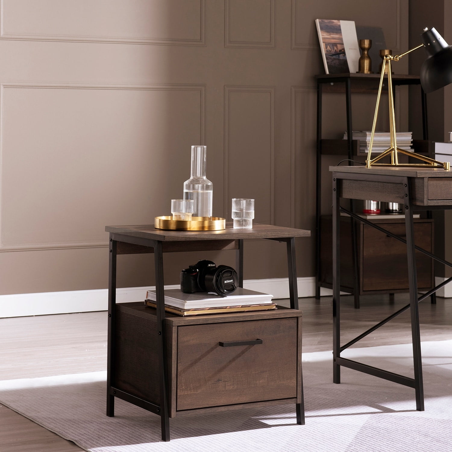 Smoky Oak and Black Metal End Table with Storage Drawer