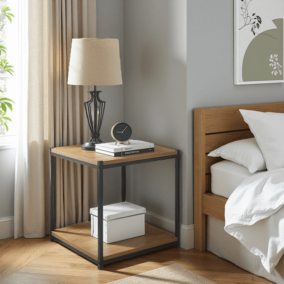 Caffoz Brooklyn Series Farmhouse Rectangle Wood and Metal End Table, Mahogany Brown (Set of 1)