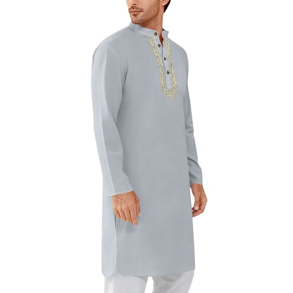 Caftan Thobe for Men Kurta Set for Men Kaftan for Men Mens Kaftan Mens Kaftan Thobe Button Down Casual Henley Shirts Long Sleeve Robe Cotton Linen Muslim Gown Shirt, Gray-XL