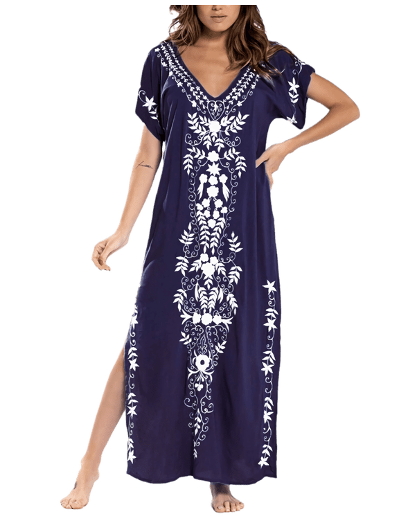 Caftans Dress for Women Swimsuit Cover Ups Embroidery V Neck Short Sleeve Beach Side Split Cover Up for Women Kaftan Dress