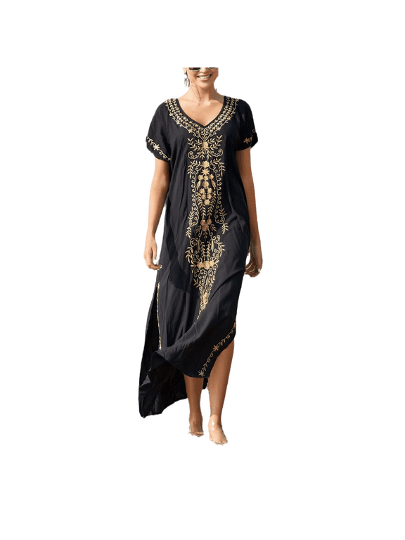 Caftans Dress for Women Swimsuit Cover Ups Embroidery V Neck Short Sleeve Beach Side Split Cover Up for Women Kaftan Dress