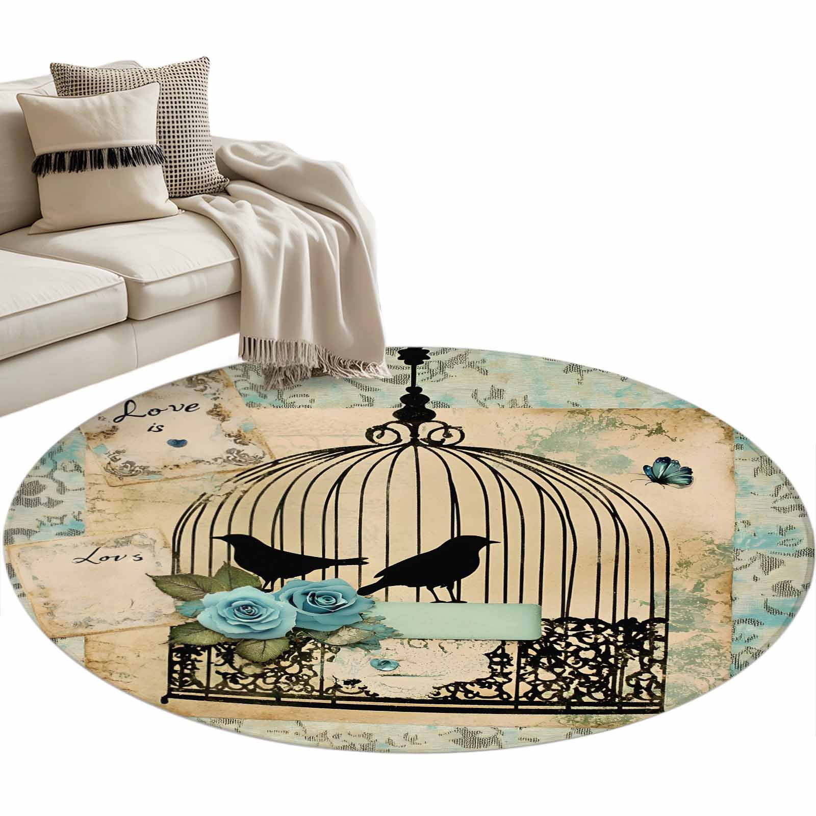 Cage Bird Round Area Rug 4ft Vintage Watercolor Flower Hand-painted ...
