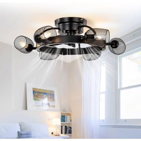 Cage Ceiling Fan with Light and Remote, 25.8" Black Fandelier Rustic Low Profile Ceiling Fans Quiet Reversible Enclosed Ceiling Fan for Bedroom Kitchen Farmhouse$$Tools & Hardware Other