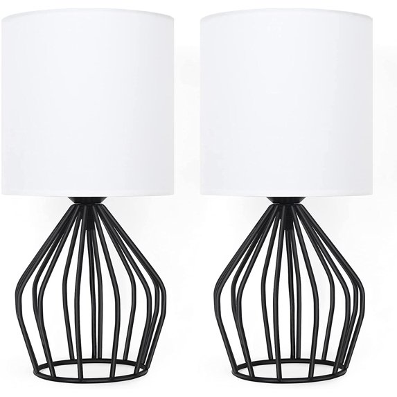 Cage Design Hollow Metal Base Bedside Lamp White Shade (2-Piece Set)