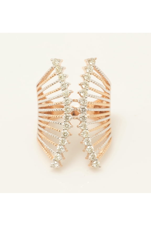 Cage Natural Diamond Band Ring, 14k Solid Gold Two-Toned Wide Cocktail Ring, IGI Certified, Ready To Ship