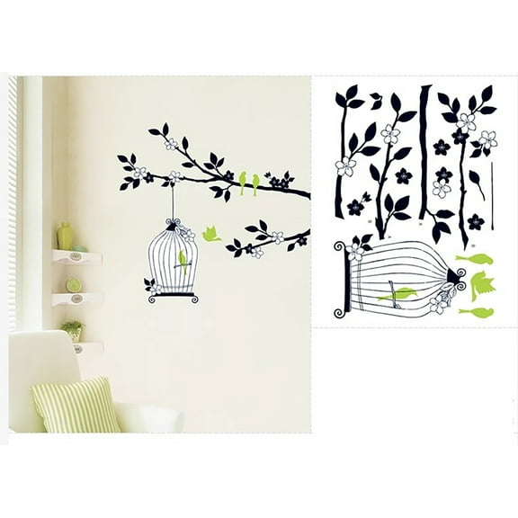 Caged Bird Under Branch Wall Decal - Removable PVC Mural Art for Living Room, Bedroom, Kids Room, Nursery - Self-Adhesive Nature Scene Sticker
