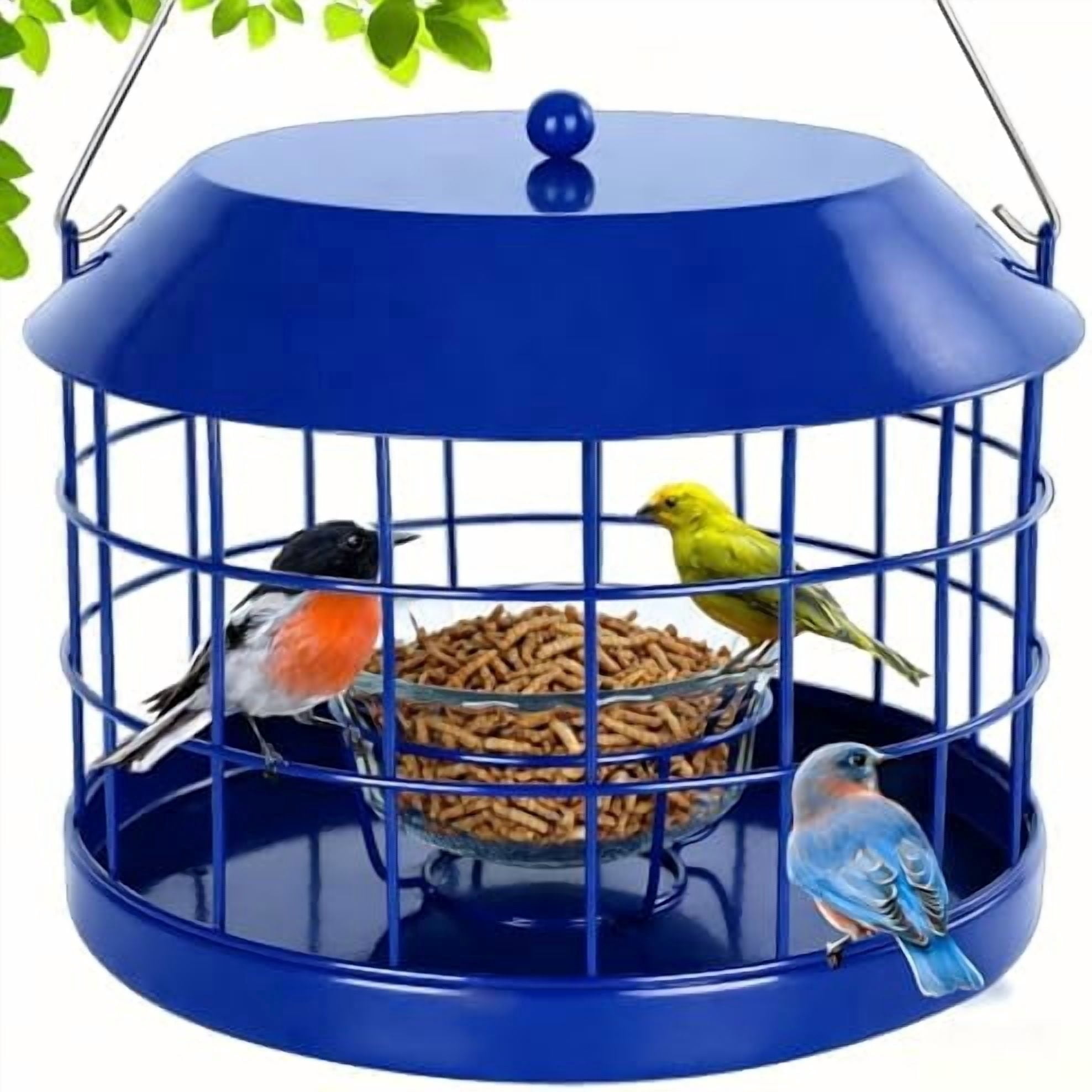 Caged Bluebird Feeder for Mealworms with Glass Bowl, Squirrel Proof Bird Feeder for Small Birds Only, Detachable Hook, Large Space, Outdoors Weatherproof, Metal, Blue