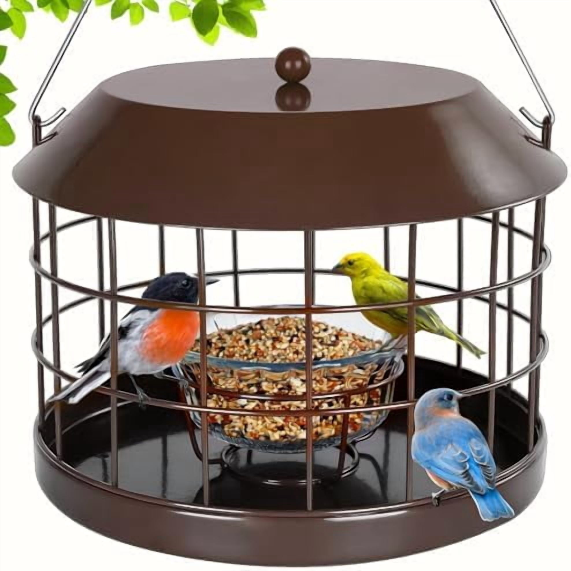 Caged Bluebird Feeder for Mealworms with Glass Bowl, Squirrel Proof Bird Feeder for Small Birds Only, Detachable Hook, Large Space, Outdoors Weatherproof, Metal, Brown