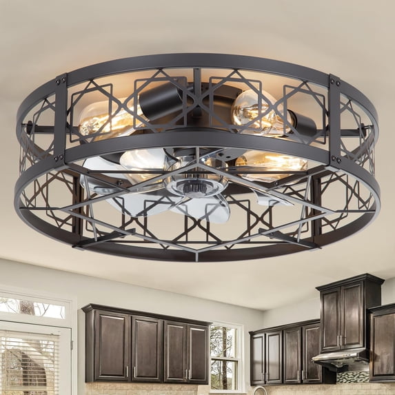 Caged Ceiling Fan with Light, 20" Ceiling Fan with Lights and Remote Flush Mount, Bladeless Caged Ceiling Fans with Lights, Matte Black Rustic Fan for Bedroom, Kitchen, Dining Room