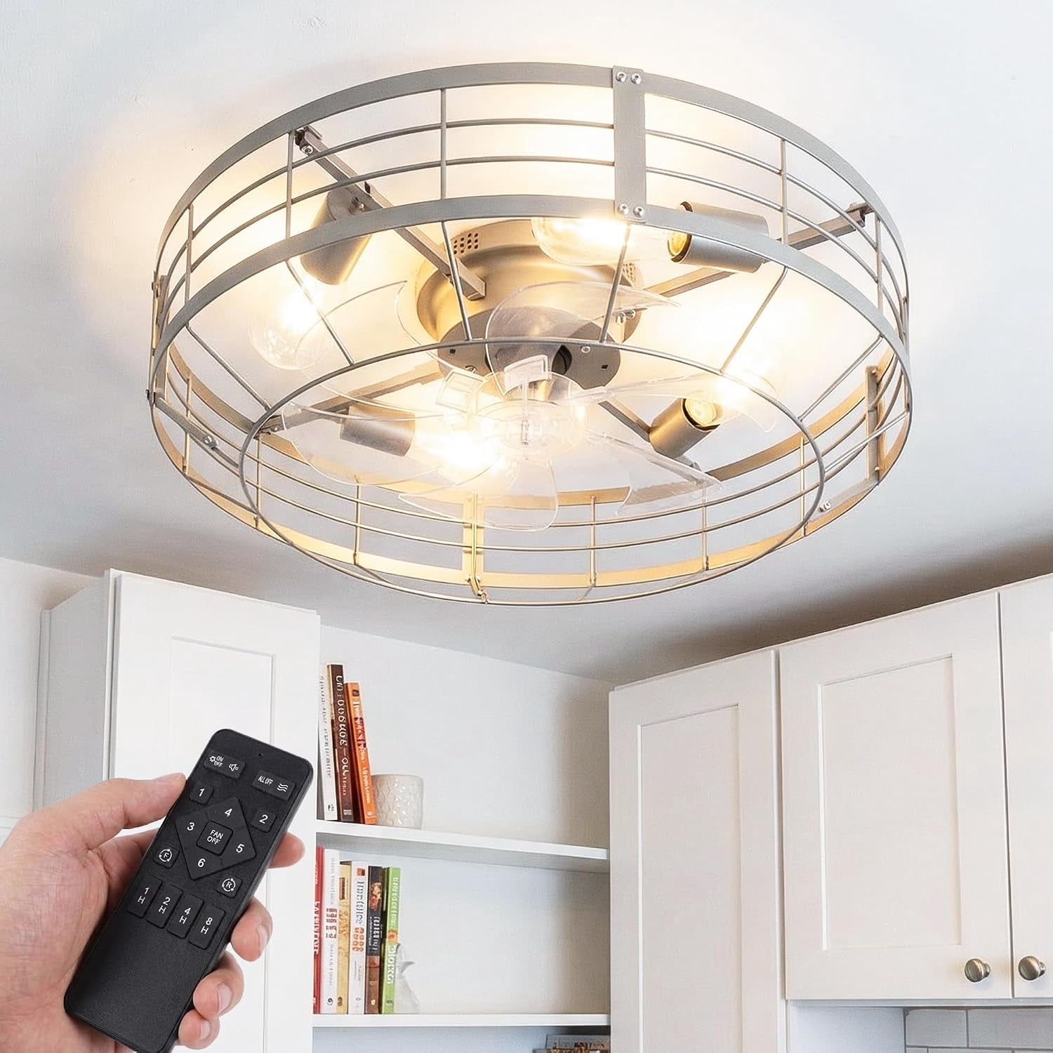 Caged Ceiling Fan with Lights, 23 Inch Farmhouse Remote Control Flush ...