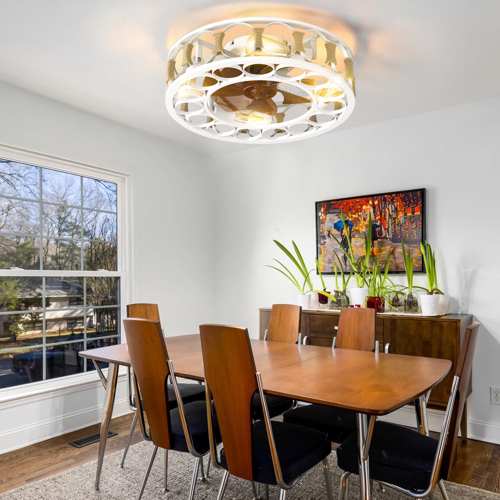White Iron Caged Ceiling Fan with Remote and LED Lights