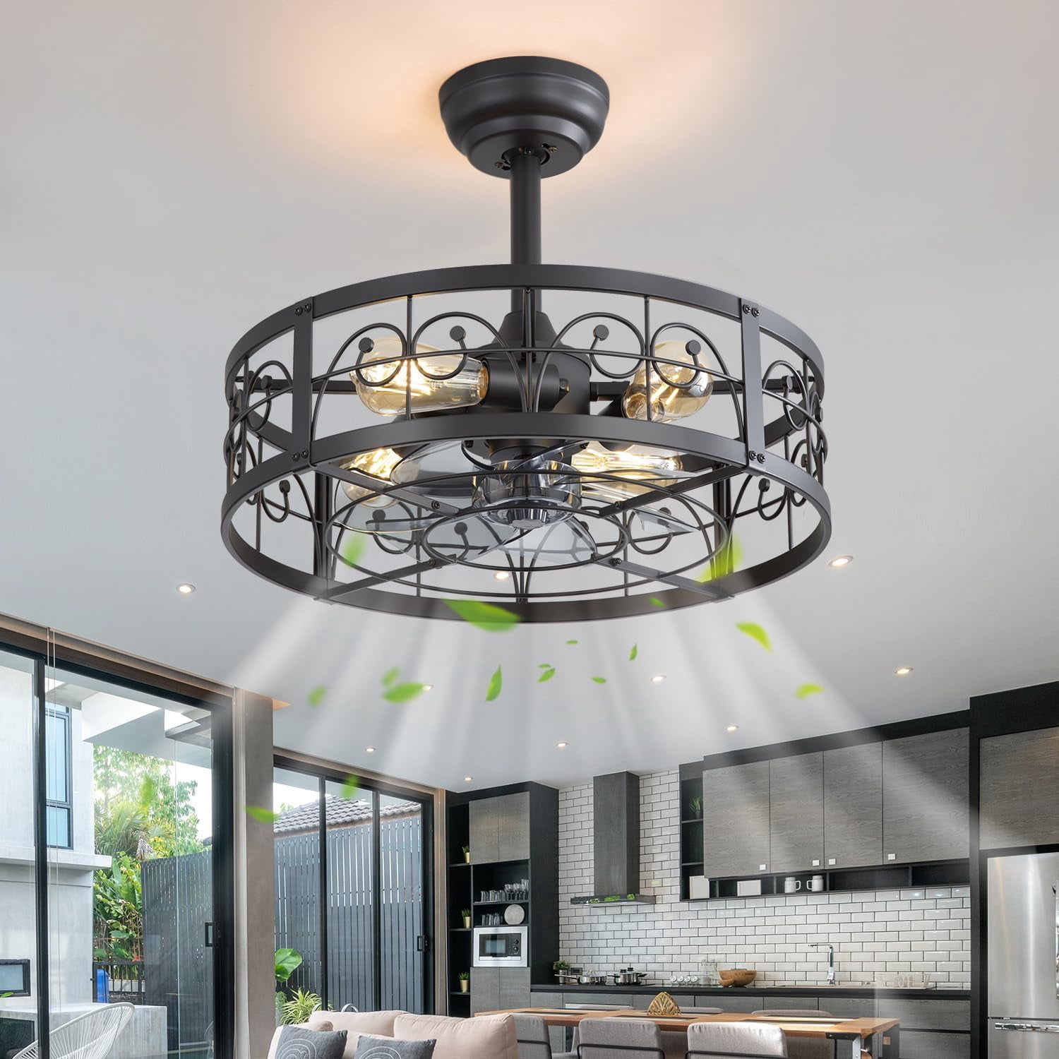 23-Inch Matt Black Caged Ceiling Fan with Lights, | Ubuy 23-Inch Matt Black Caged Ceiling Fan with Lights, | Ubuy