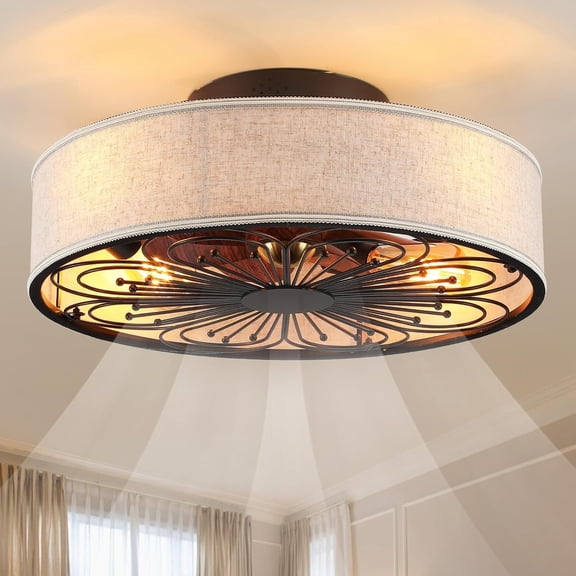 Caged Ceiling Fans with Lights Flush Mount,Low Profile Ceiling Fan with Remote,20 Inch White Ceiling Fan for Bedroom,6 Speeds Reversible Silent Fandalier(Include 4 Bulb)