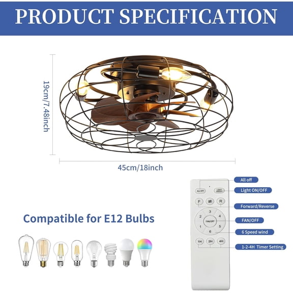 Caged Ceiling Fans with Lights and Remote 18" Black Flush Mount Outdoor Ceiling Fan lights Rustic Low Reversible Bladeless Ceiling Fan for Patios,Farmhouse,Bedroom,Kitchen,Living room | Ceiling Fan, with Lights, Remote control, 18 inch, Black, Small, Reversible, Indoor, Outdoor, Bedroom